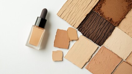 Foundation shades displayed.  A bottle of foundation sits next to various foundation swatches in different shades of beige and brown