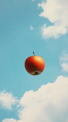Floating red apple against a cloud background