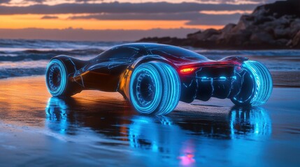 Futuristic Electric Car on Beach at Sunset with Neon Lights and Reflections in Wet Sand