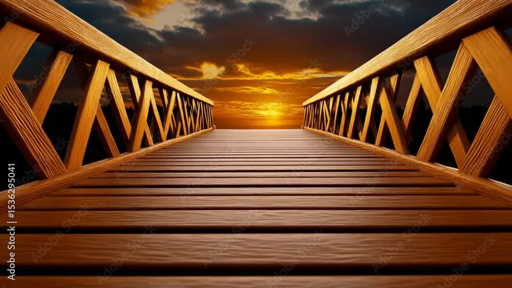 Poster wooden bridge to serenity: a captivating view of a wooden bridge bathed in the warm glow of the sett