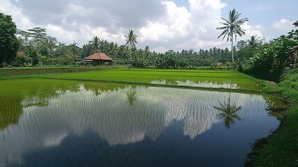 Obraz premium Lush rice paddy landscape under a partly cloudy sky