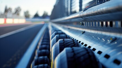 A close-up view of safety barriers featuring tire walls at a racing track. The image highlights protective equipment designed for motorsport environments.