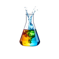 Erlenmeyer flask with colorful liquids splashing isolated on transparent background
