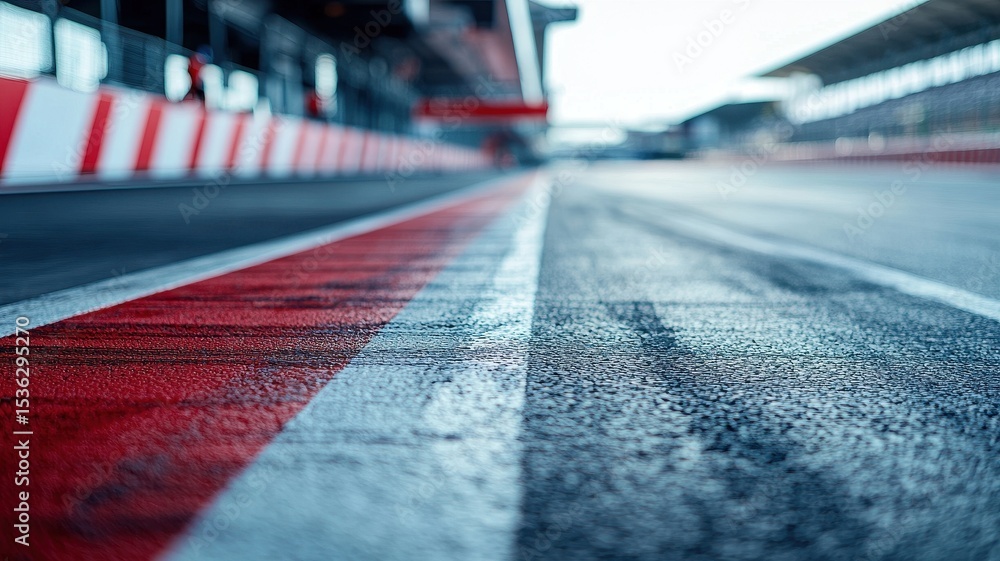 Wall mural a close-up shot captures an empty f1 track with a focus on the pit area, showcasing the intricate de