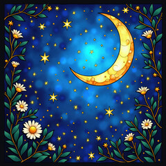 A magical celestial scene with a whimsical golden crescent moon and sparkling stars, framed by beautiful white daisies for a dreamy, enchanting storybook night.

