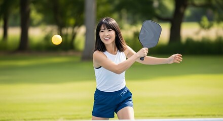 Asian woman playing pickleball outdoors on a sunny day with paddle and ball in a park setting for sport