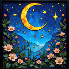 A magical and whimsical night scene with a textured golden crescent moon and sparkling stars, framed by blooming pink flowers in an enchanting, storybook style.

