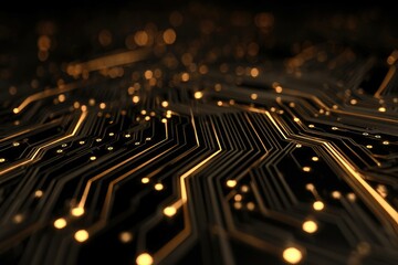 Golden circuit-board lines on smooth dark background