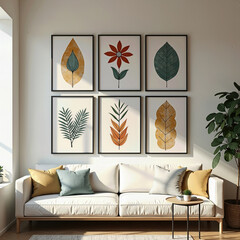 A bright, modern living room featuring a cozy white sofa and a stylish gallery wall of six framed botanical and abstract art prints creating a serene, personalized space.
