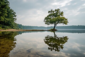 Fototapeta premium Lonely tree reflecting on a calm lake