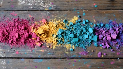 Colorful powder pigments scattered on a wooden surface.