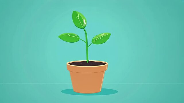A vibrant green plant growing in a terracotta pot against a soft turquoise background