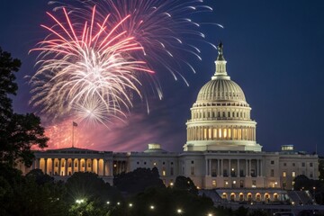 Us capitol building fireworks display at night