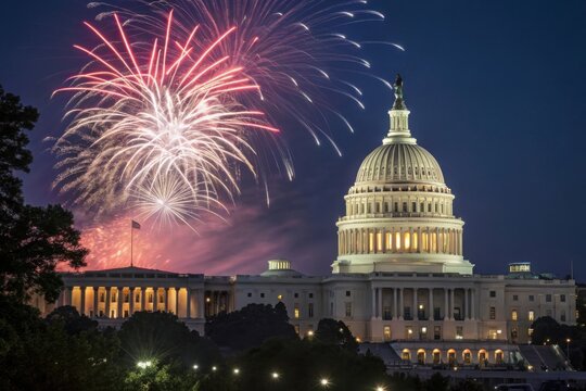 Fototapeta Us capitol building fireworks display at night
