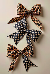 A chic and fashionable flat lay of three elegant silk ribbons tied in large bows, featuring a bold mix of classic leopard print and black and white polka dots.
