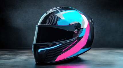 Fototapeta premium Modern Racing Helmet with Vibrant Colors and Stylish Design Isolated on Dark Background