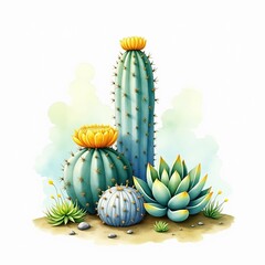 Exotic Succulent Arrangement Artistic Illustration of Desert Plants and Small White Flowers