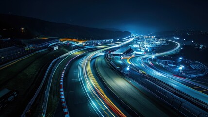 An aerial view captures the dynamic scene of an endurance race at night. Bright lights illuminate the track, showcasing the excitement and speed of the vehicles.