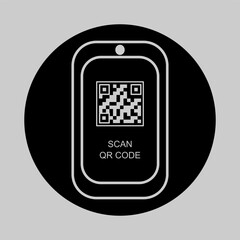 Black circle icon of QR code on smartphone for digital scanning.