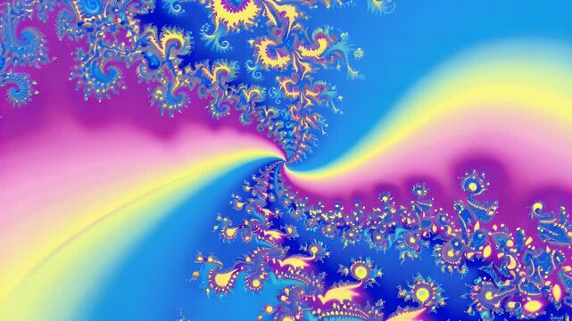 Fractal design with swirling gradient of yellow, blue, pink and spiraling floral shapes