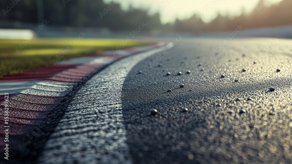 Wall mural a close-up view of an empty f1 track, showcasing the wet asphalt and surrounding nature in the soft 