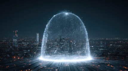 Digital shield over a city at night