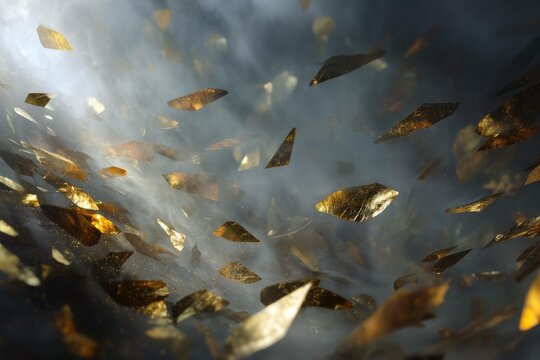 Golden shards floating across shadowy backdrop
