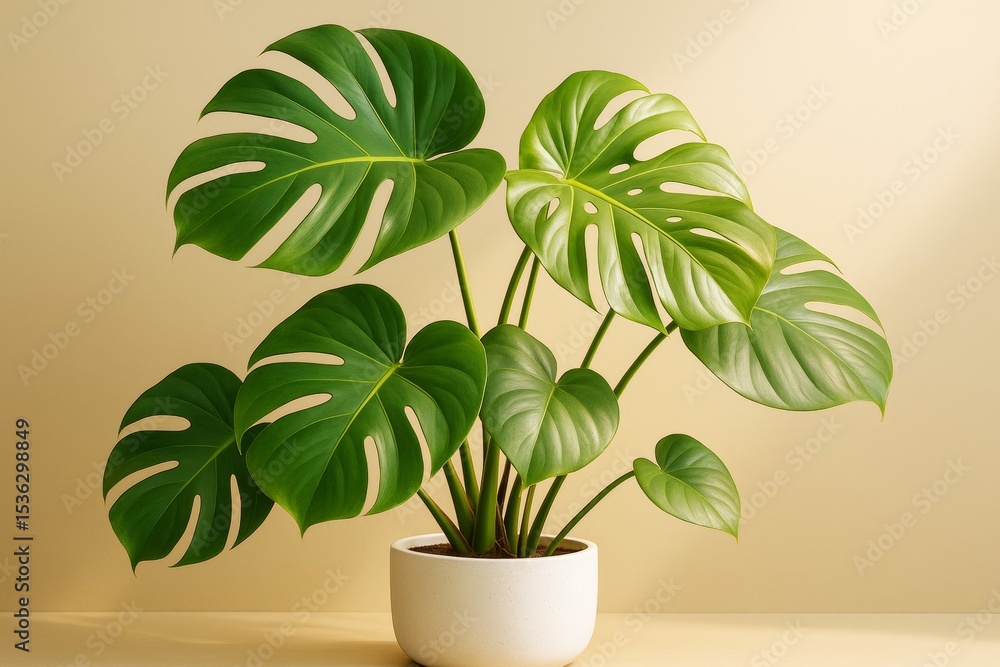 Poster monstera plant with large split green leaves in a white pot placed against a soft beige light backgr