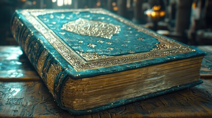 Ornate antique book resting on a weathered surface.  Intricate gold filigree borders a teal-blue leather cover.  Textured pages are visible.  Blurred, warm background hints at a historical setting