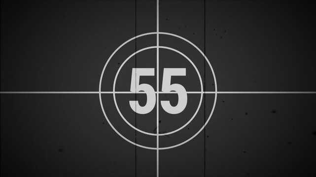 60 seconds old film countdown animation with black background. Countdown movie from 60 to 0 number.  4k footage video animation
