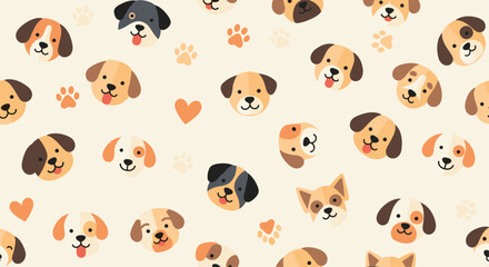 Fototapeta premium A Patterned Collection of Adorable Puppy Faces with Paws and Little Hearts on a Beige Background