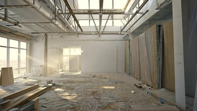 Bright, empty construction site with sunlight streaming through windows, featuring scattered materials
