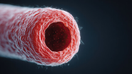 Microscopic view of red blood vessel, artery, or capillary structure, showing detailed texture and cylindrical shape, scientific and medical concept