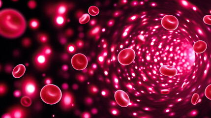 Red blood cell plasma vessel glowing microscopic medical science health biology flow. vibrant depiction of red blood cells moving through glowing vessel highlighting dynamic and energetic nature