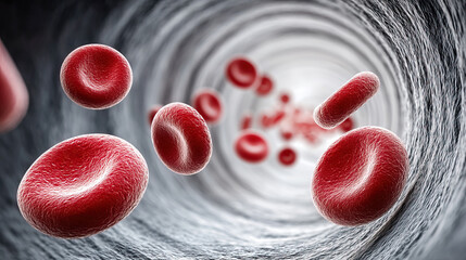 Red blood cell artery vessel medical health biology science oxygen flow anatomy are shown in this detailed 3D illustration of red blood cells moving through blood vessel representing circulation