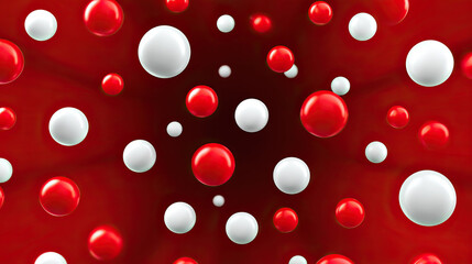 Red and white spheres molecular structure floating in dark red background abstract science concept 3D illustration dynamic energetic modern medical research