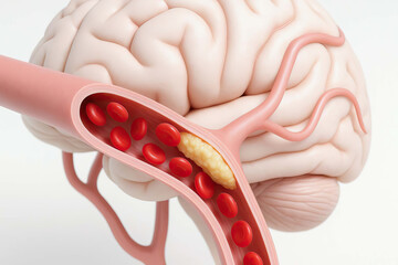 Brain artery blood clot stroke vessel blockage medical health anatomy This detailed illustration shows blood clot blocking artery brain representing stroke and highlighting importance of vascular