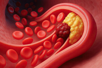 Red blood cell artery cholesterol plaque clot blockage medical health cardiovascular disease, A detailed 3D illustration shows red blood cells flowing through artery partially blocked by