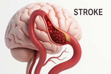 Blocked artery brain blood clot stroke medical health anatomy human vessel illustration This detailed illustration shows blocked artery brain with blood clot highlighting cause of stroke