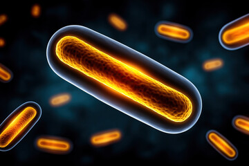 Futuristic glowing bacteria cell with orange core, digital illustration of microorganism, science background, microscopic view, abstract medical concept, vibrant and energetic mood