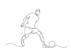 Football player outline drawing illustration. one continuous line drawing of soccer player kick the ball. © mojoduwur