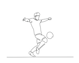 Football player outline drawing illustration. one continuous line drawing of soccer player kick the ball.