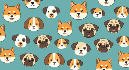 Fototapeta premium Various Dog Breeds Adorable Faces Illustration Puppy Pattern Animals Background Colorful Style Art