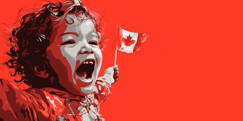 Kids joyfully wave maple leaf flags against a soft, tinted red background for Canada Day