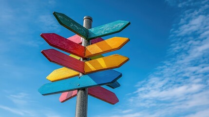 Colorful signpost with multiple arrows pointing in different directions against a bright blue sky backdrop