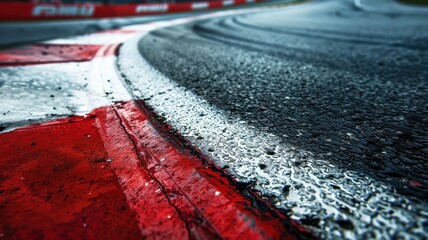 Captivating close-up of a wet racing track at Autodromo Nazionale Monza, showcasing the details of asphalt, curves, and racing dynamics.