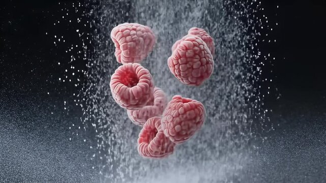 Freeze dried food falling raspberries on dark background. 4K Video