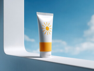 Sunscreen tube with sun graphic is elegantly placed on minimalist white surface, reflecting bright and sunny atmosphere. clear blue sky enhances product appeal