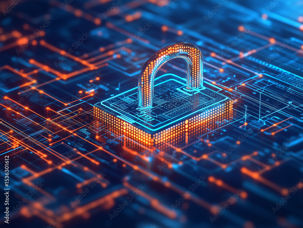 Poster glowing padlock securing digital data network with connected technology lines
