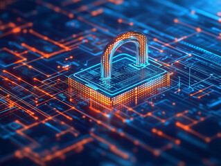 Glowing Padlock Securing Digital Data Network with Connected Technology Lines